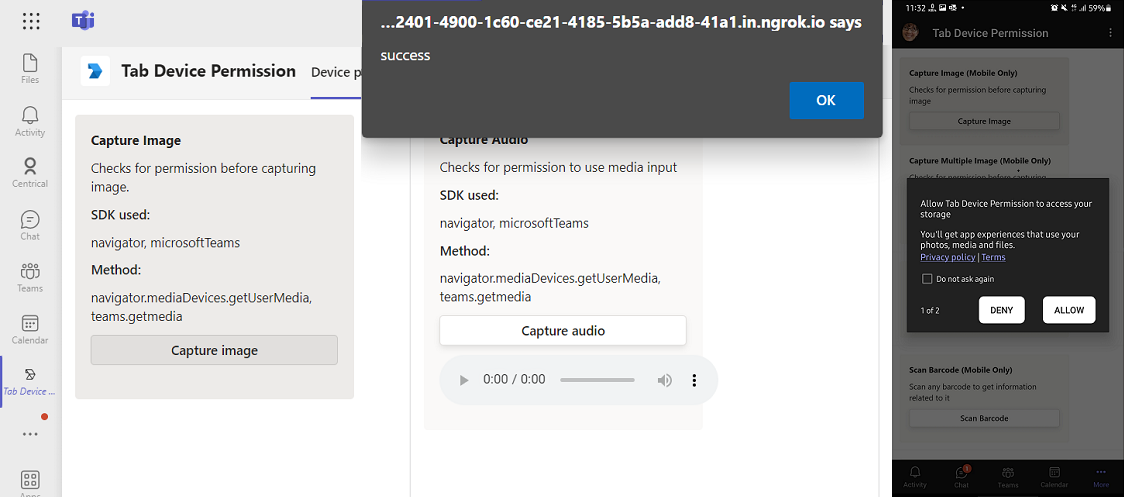 Screenshot shows the final output of grant tab device permission.