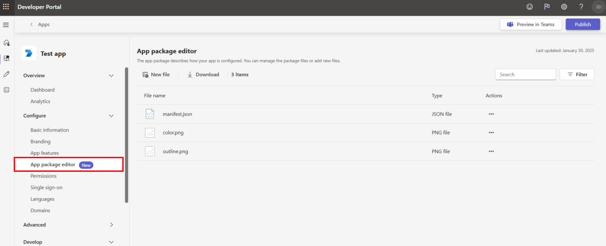 Screenshot shows you the App package editor in Teams developer portal.