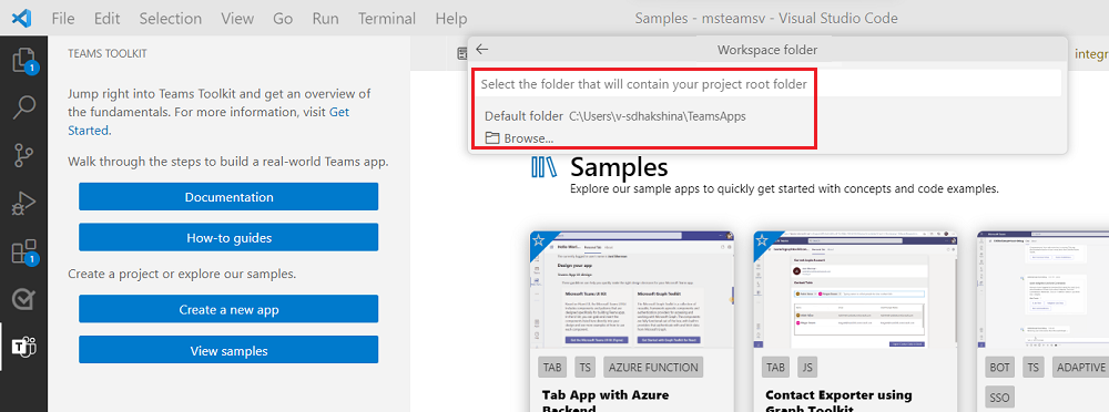 Screenshot shows the Teams Toolkit with workspace folder highlighted in red