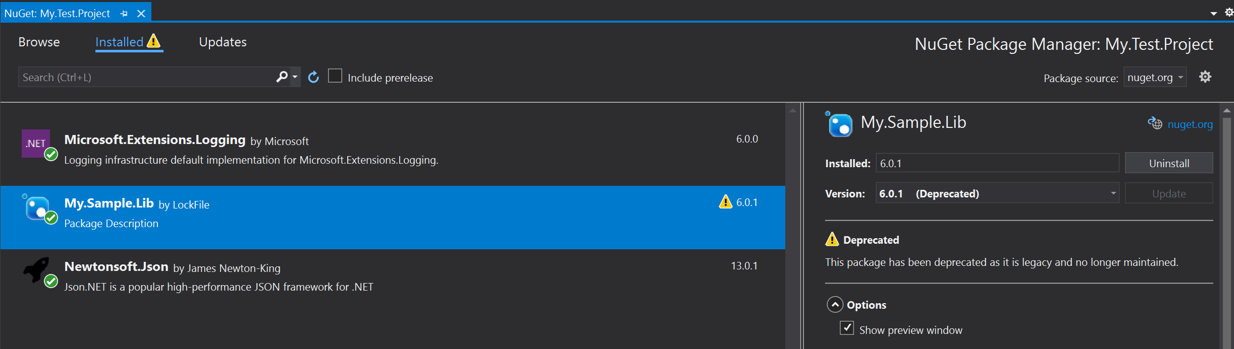Deprecated packages on Visual Studio installed tab of package manager