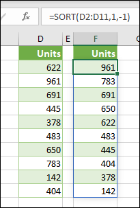 Screen shot of the SORT function displaying multiple results down into multiple cells.