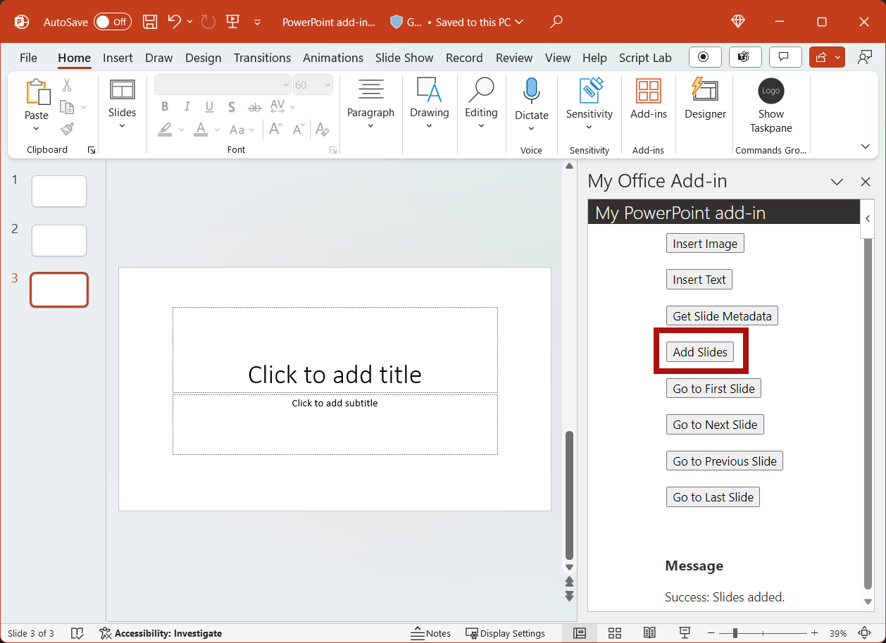 The Add Slides button highlighted in the add-in.