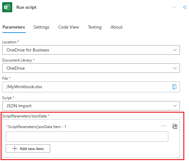 An Excel Online (Business) connector showing a Run script action with the jsonData parameter.