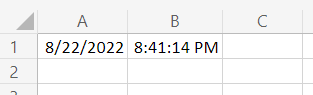 The workbook showing date and time values in cells A1 and B1.