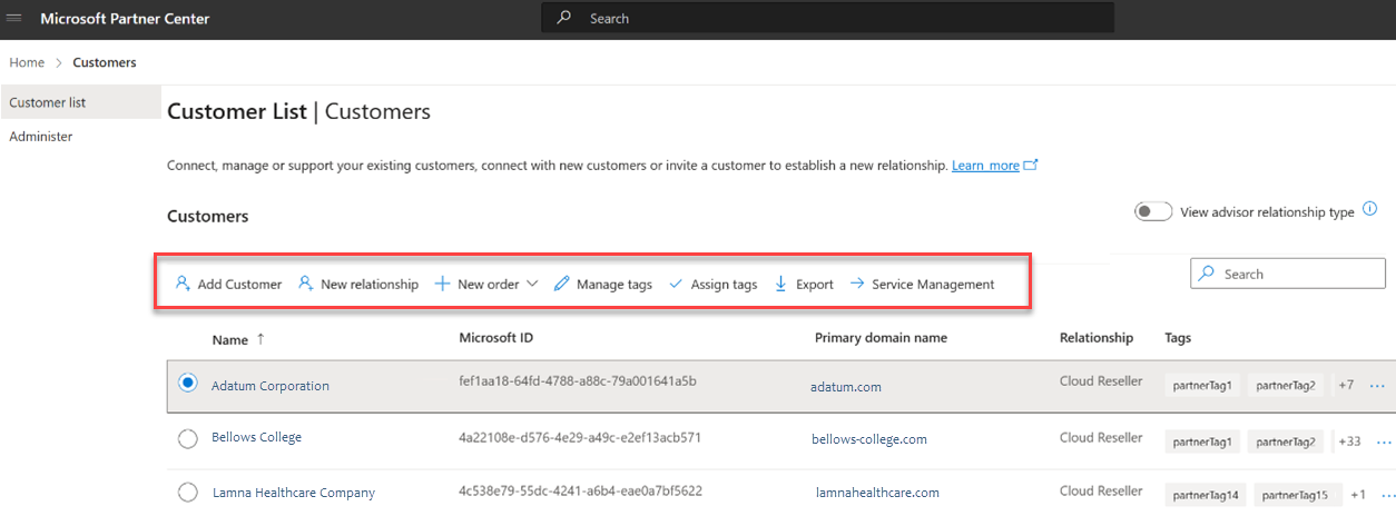 Screenshot of Customer list from Partner Center.
