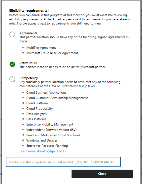 Screenshot of an example of incentives requirements at Partner Center.