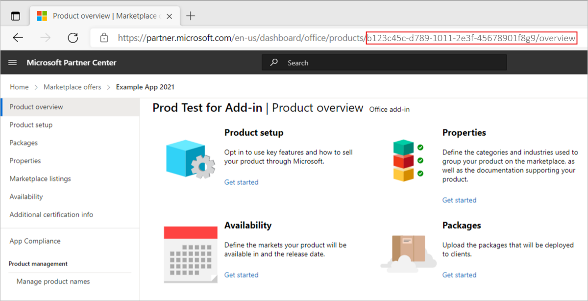 Illustrates the product GUID in the URL of an Office app.