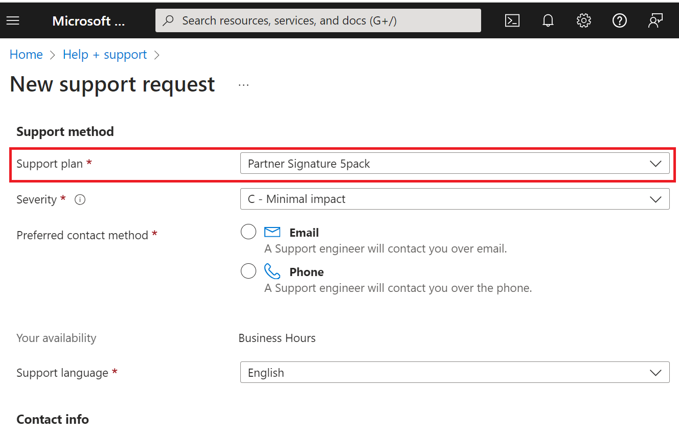 Screenshot of the New support request screen, with the Support plan dropdown highlighted.