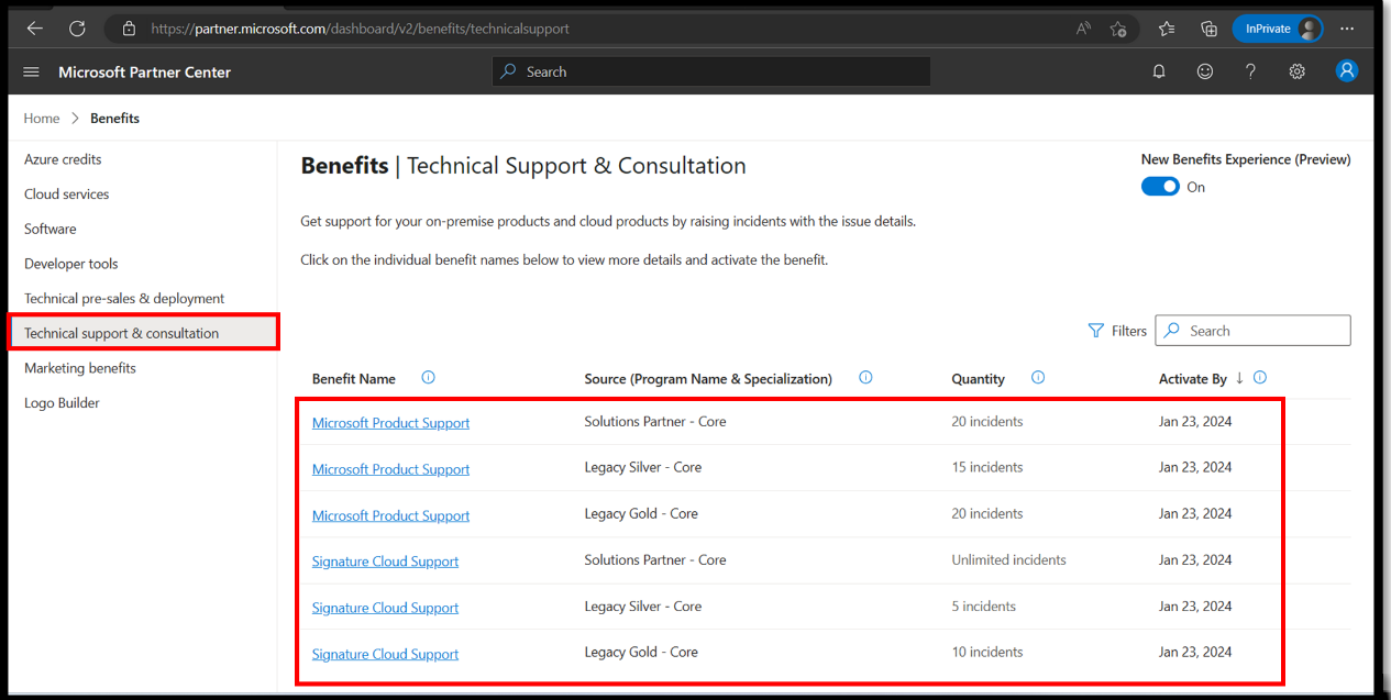 Screenshot that shows the Benefits page, in the Technical Support & Consultation tab, and the product support benefits are highlighted.