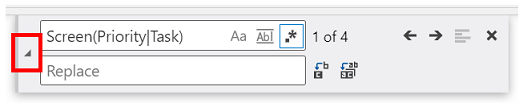 Το εικονίδιο Λειτουργία αντικατάστασης σύμπτυξης στην αριστερή πλευρά του στοιχείου ελέγχου Εύρεση και αντικατάσταση, πριν από τις περιοχές εισαγωγής κειμένου
