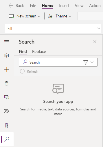 Το τμήμα παραθύρου αναζήτησης είναι ορατό στο Power Apps Studio.