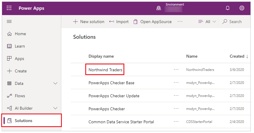 Επιλογή της λύσης Northwind Traders.