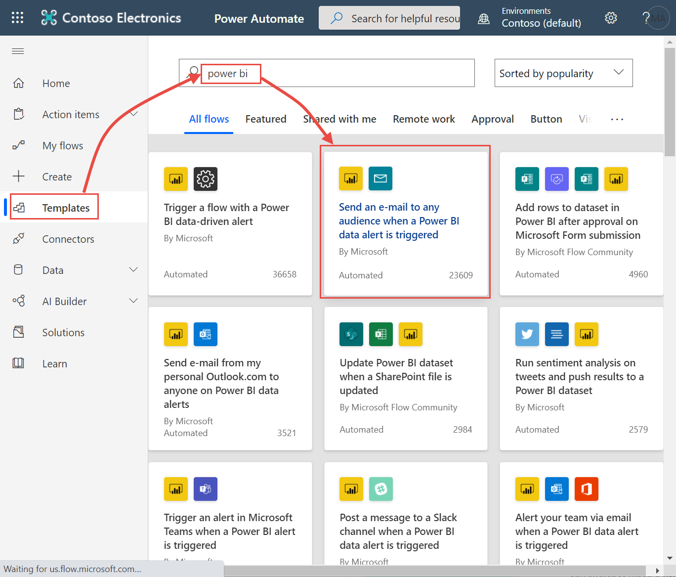 Screenshot of the Power Automate Send an e-mail to any audience when a Power BI data alert is triggered template option.