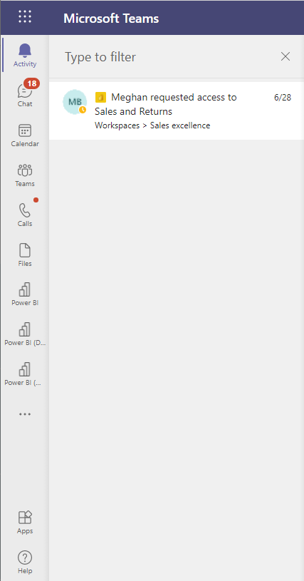 Screenshot showing Get Power BI access request notifications in Microsoft Teams activity feed.