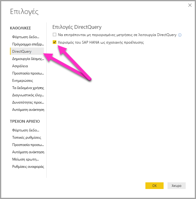 Στιγμιότυπο οθόνης του παραθύρου διαλόγου Επιλογές, που εμφανίζει τις επιλογές DirectQuery.