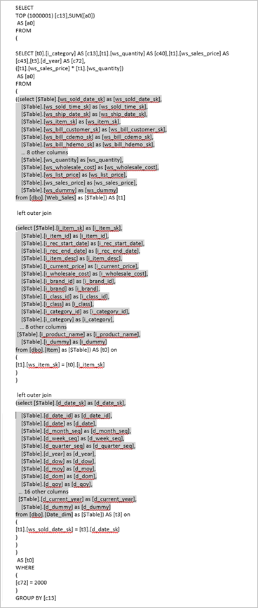 Screenshot of a T-SQL query that shows embedded subqueries, one for each model table.