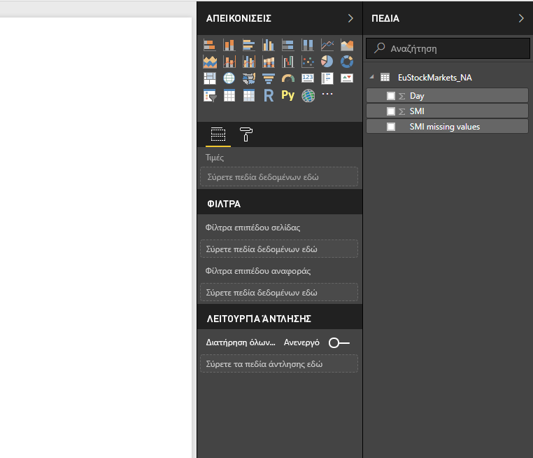 Screenshot of the Fields pane, showing the loaded data.