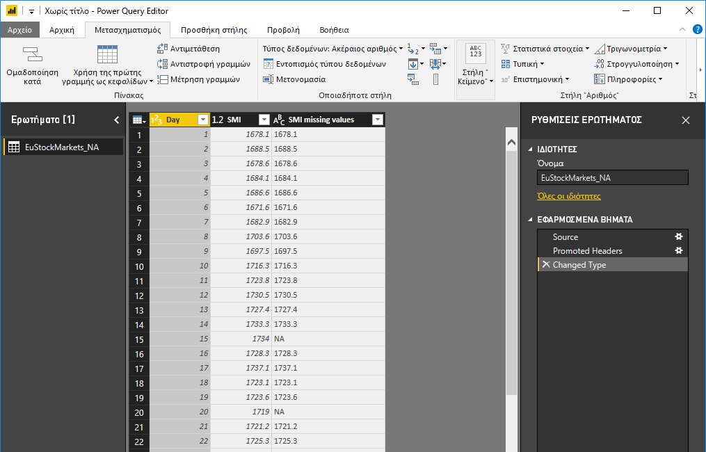 Screenshot of the Transform tab, showing rows of data.