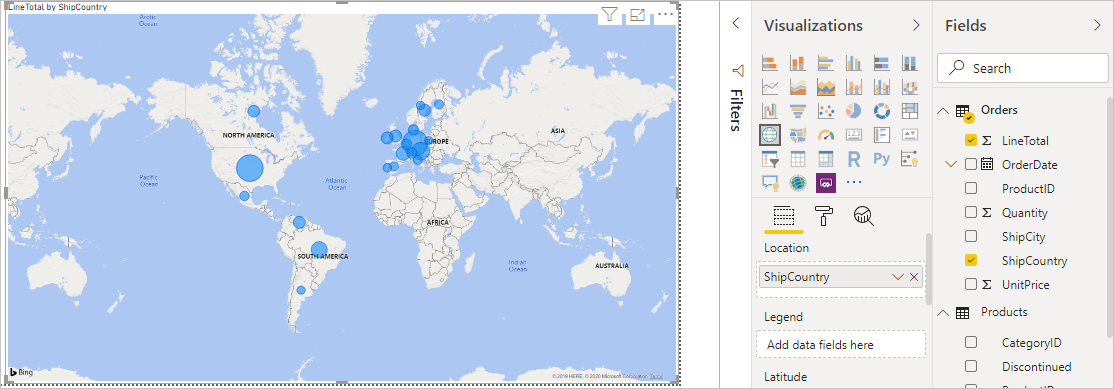 Screenshot that shows the LineTotals by ShipCountry map visualization.