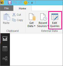 Screenshot shows the Transform data option of the Home ribbon where you can edit queries.