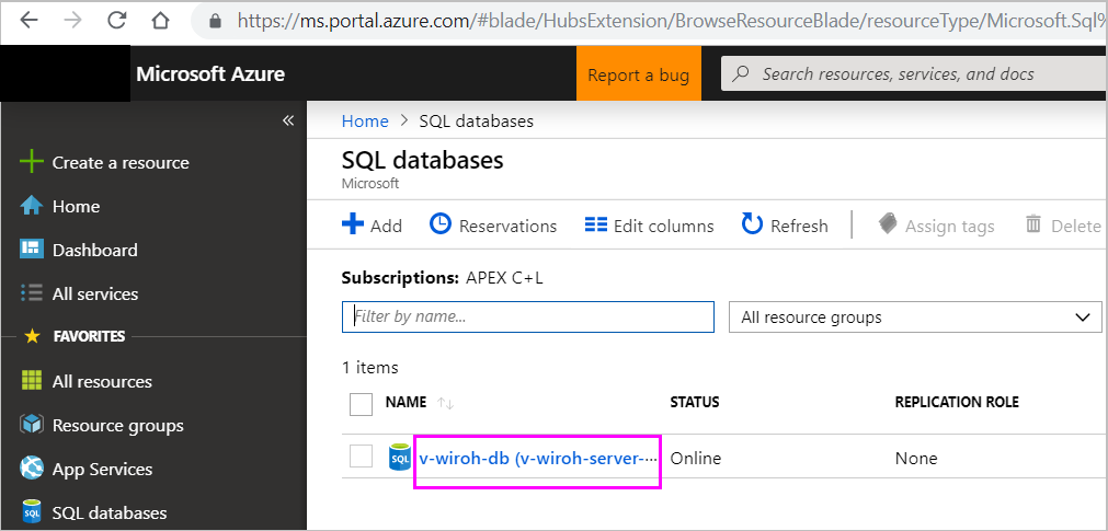 Screenshot shows the SQL databases page in the Azure portal with a database highlighted.