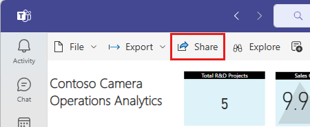 Στιγμιότυπο οθόνης μιας αναφοράς Power BI σε μια σύσκεψη Teams με επισημασμένο το κουμπί Κοινή χρήση.