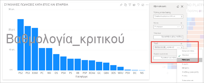 Στιγμιότυπο οθόνης μιας απεικόνισης αναφοράς με επισημασμένες ορισμένες τιμές συνάθροισης.