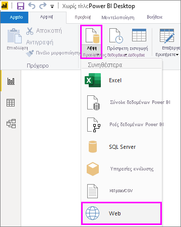 Στιγμιότυπο οθόνης του Power BI Desktop, με επισήμανση της επιλογής Web στο αναπτυσσόμενο μενού Λήψη δεδομένων.