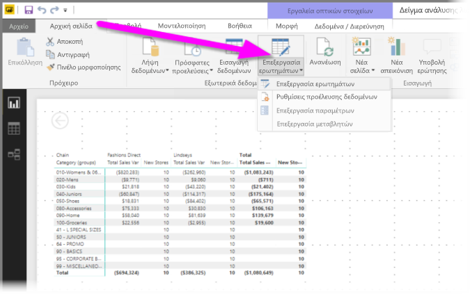 Στιγμιότυπο οθόνης του Power BI Desktop με επισημασμένο τον Μετασχηματισμό δεδομένων.