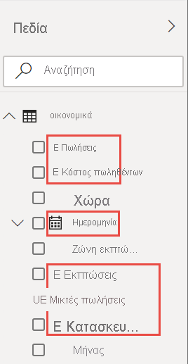 Στιγμιότυπο οθόνης της λίστας δεδομένων με αριθμητικά πεδία και πεδίο ημερομηνίας.