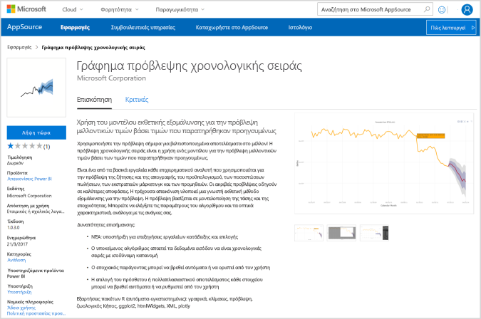 Στιγμιότυπο οθόνης που εμφανίζει την απεικόνιση Power B I γραφήματος πρόβλεψης χρονικής σειράς στην προέλευση εφαρμογής.