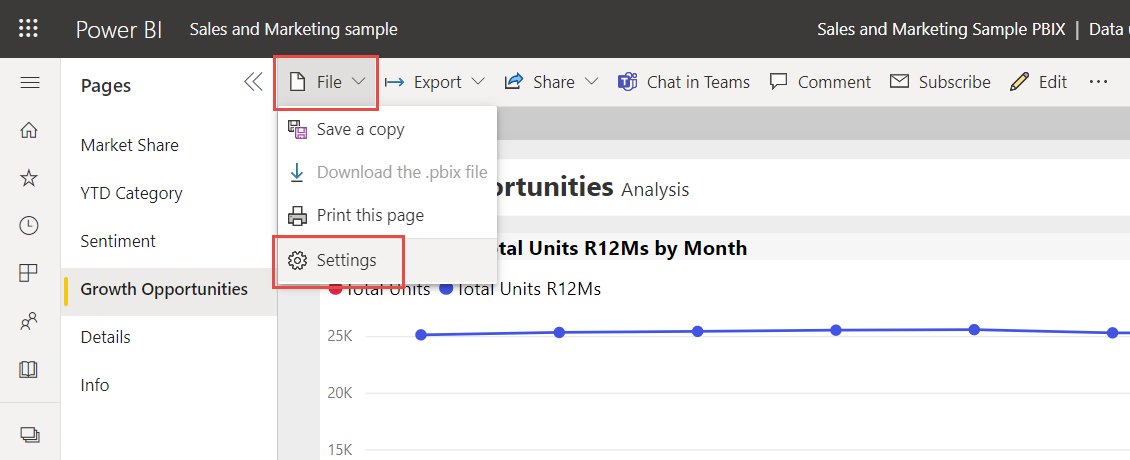 Στιγμιότυπο οθόνης της υπηρεσίας Power BI, με επισήμανση στο μενού Αρχείο στην κορδέλα και επιλογές Ρυθμίσεις.