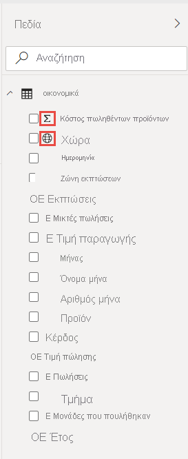 Στιγμιότυπο οθόνης του τμήματος παραθύρου Δεδομένα, που εμφανίζει στήλες του Excel ως πεδία στον πίνακα οικονομικών στοιχείων.