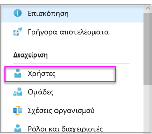 Στιγμιότυπο οθόνης της καρτέλας Χρήστες και ομάδες του Microsoft Entra.