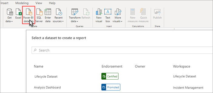 Στιγμιότυπο οθόνης του Power BI Desktop, τα σημασιολογικά μοντέλα Power BI επισημαίνονται στην κορδέλα. Το παράθυρο διαλόγου επιλογή σημασιολογικού μοντέλου βρίσκεται στο κύριο τμήμα παραθύρου. 