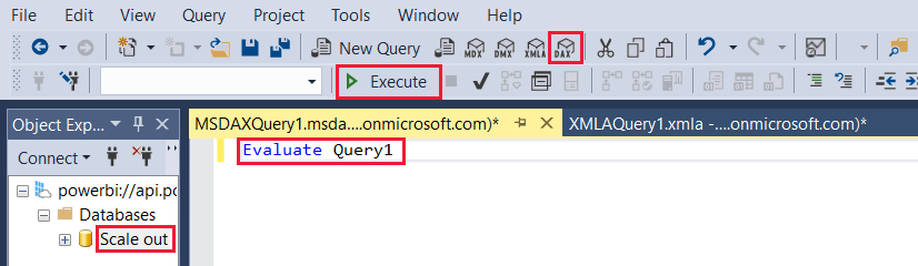 A screenshot showing the evaluate query 1 D A X query in S Q L Server Management Studio.