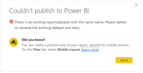 Σφάλμα αδυναμίας δημοσίευσης στο Power BI.