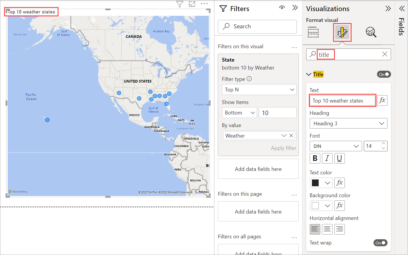 Στιγμιότυπο οθόνης του Power BI Desktop που εμφανίζει το πεδίο Αλλαγή τίτλου στο τμήμα παραθύρου Απεικόνιση.