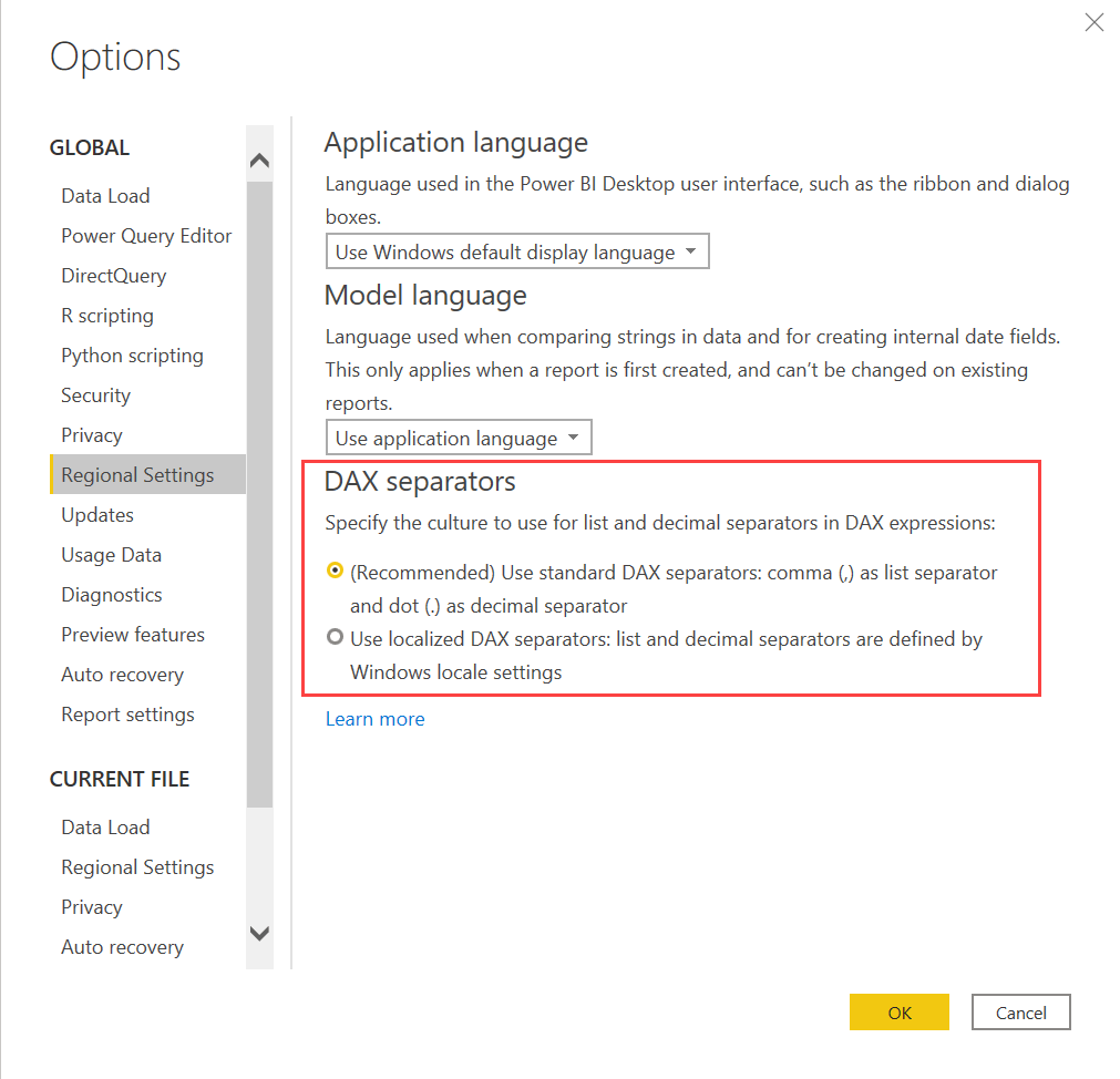 Στιγμιότυπο οθόνης του Power BI Desktop που εμφανίζει τον τρόπο επιλογής των διαχωριστικών DAX.