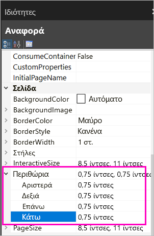 Στιγμιότυπο οθόνης των ιδιοτήτων περιθωρίου σελίδας.