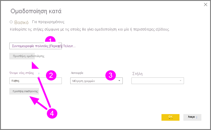 Screenshot shows the Group By dialog box with the Basic and Advanced options highlighted.