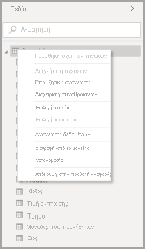 Στιγμιότυπο οθόνης του αρχικού μενού περιβάλλοντος για έναν πίνακα στο Power BI Desktop.