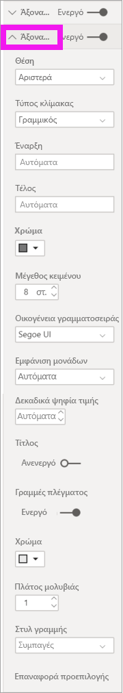 Στιγμιότυπο οθόνης των επιλογών για τον άξονα Υ.