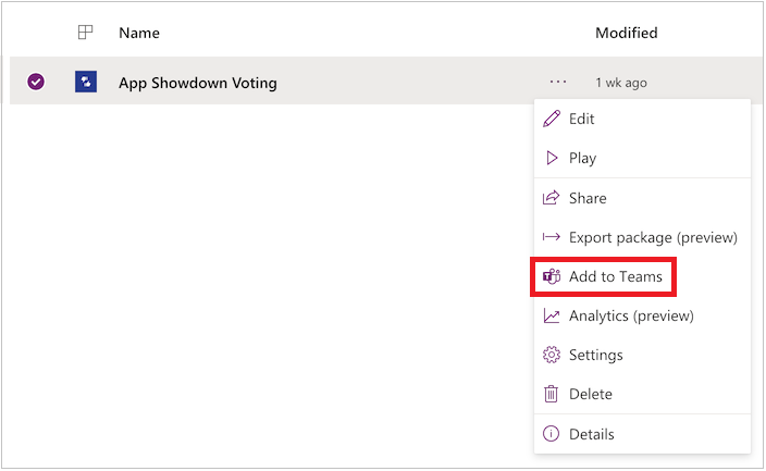 Add to Teams option in Power Apps
