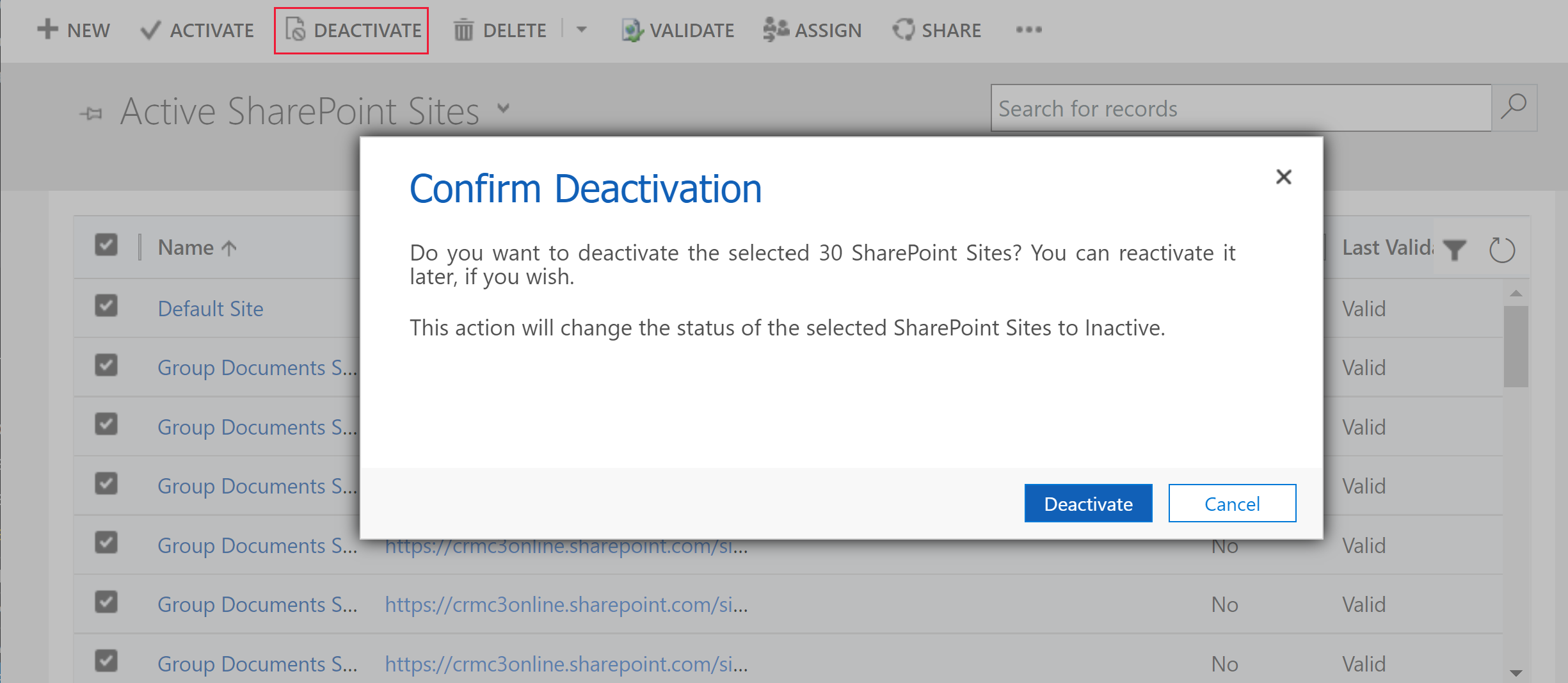 Απενεργοποίηση όλων των τοποθεσιών SharePoint