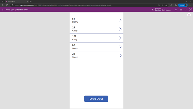 Screenshot of a Power Apps canvas app created using the sample ASP.NET Weather web API.