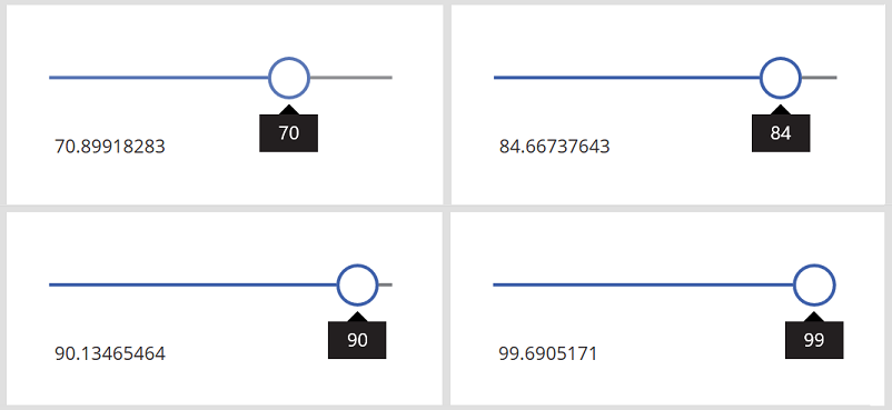 Τέσσερις οθόνες που εμφανίζουν ένα Στοιχείο ελέγχου Label με τέσσερις διαφορετικές τυχαίες δεκαδικές τιμές για κάθε μία από τις τέσσερις ρυθμίσεις του στοιχείου ελέγχου Slider 70,899, 84,667, 90,134, 99,690.