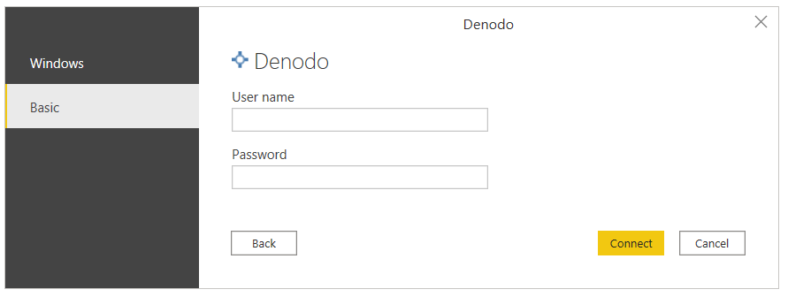 Ο βασικός έλεγχος ταυτότητας Denodo στο Power BI Desktop.