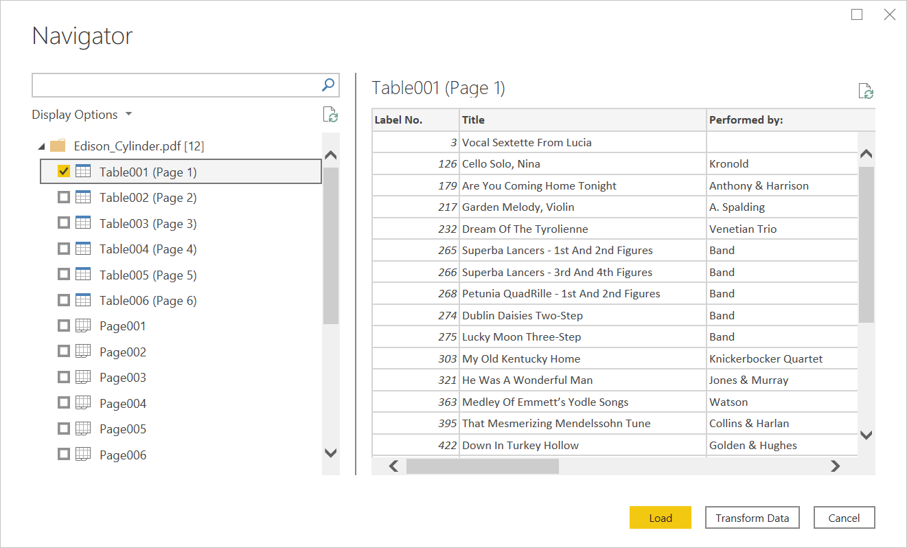 Το αρχείο PDF έχει εισαχθεί στο Power Query Desktop Navigator.