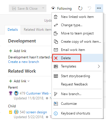 work item form, actions menu, Delete